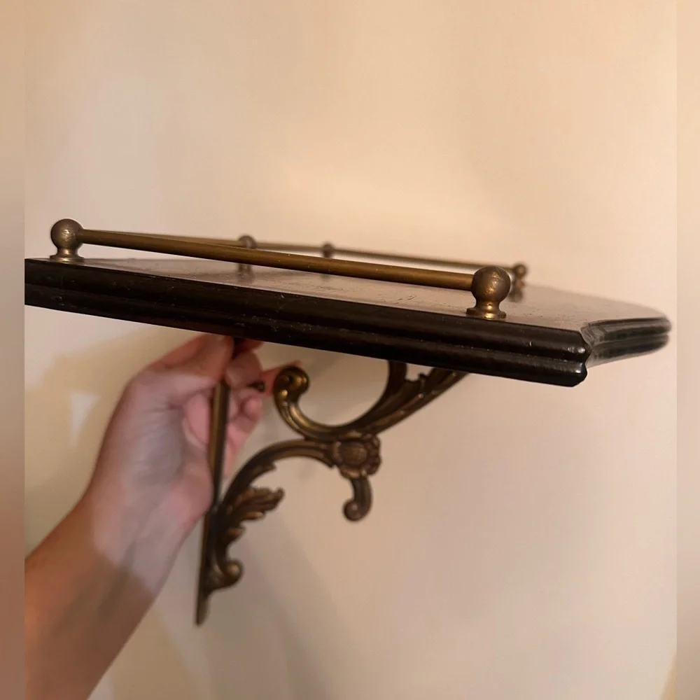 Vintage Brass and Wood Ornate Wall Shelf